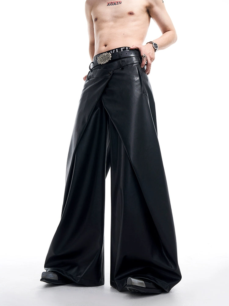 Asymmetrical Double-Pleats Wide-Leg PU Leather Pants WN10163