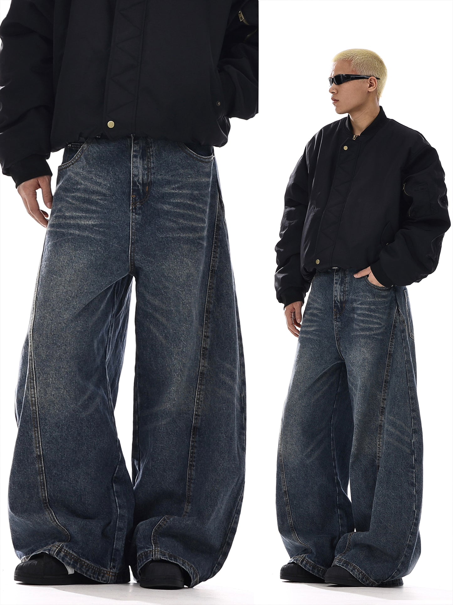 Wash Structured Wide-Leg Straight Denim Jeans WN15136