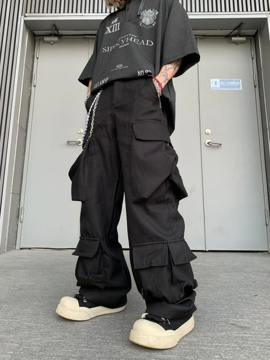 Multi-Pocket Curved Wide Leg Cargo Pants WN24217
