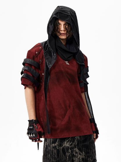 PU Leather Patchwork Dirty Wash Studded Short Sleeve T-Shirt WN18316