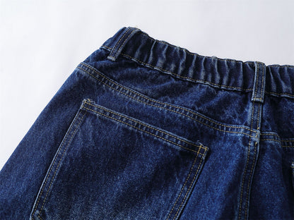 Washed Damage Star Patchwork Knee-Length Denim Jeans WN26810