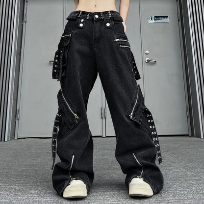 Zipper Strap Rivet Wide Leg Cargo Denim Jeans WN24169
