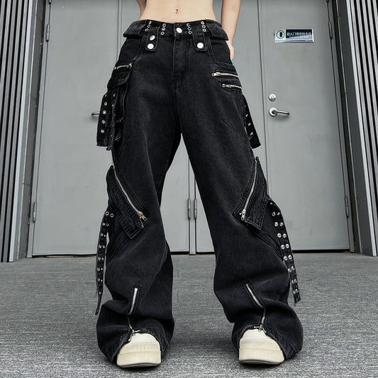 Zipper Strap Rivet Wide Leg Cargo Denim Jeans WN24169