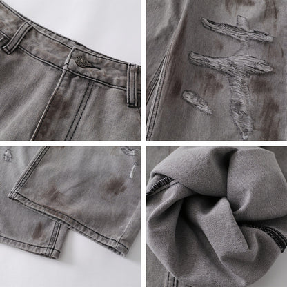 Dirty Washed Ripped Straight Leg Denim Jeans WN26829