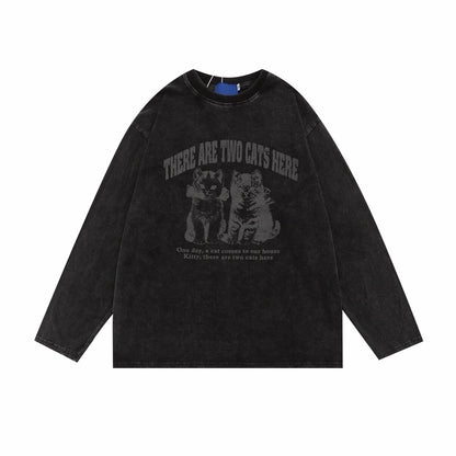 Cat Graphic Print Oversize Long Sleeve T-Shirt WN24486