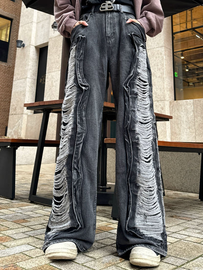 Patchwork Tassel Damage Wash Denim Jeans WN20738