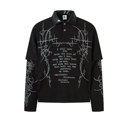 Graffiti Print Fake Layered Waffle Long Sleeve T-Shirt WN25925
