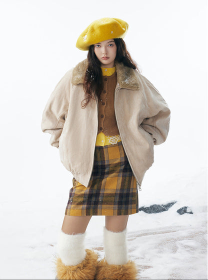 Fake Fur Collar Suede Puffer Jacket WN21906