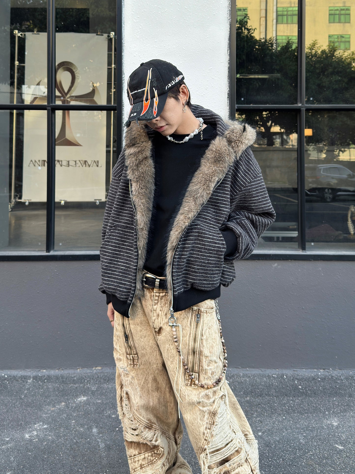 Fur Collar Striped Fleece Lining Short Zipper Hoodie WN23000