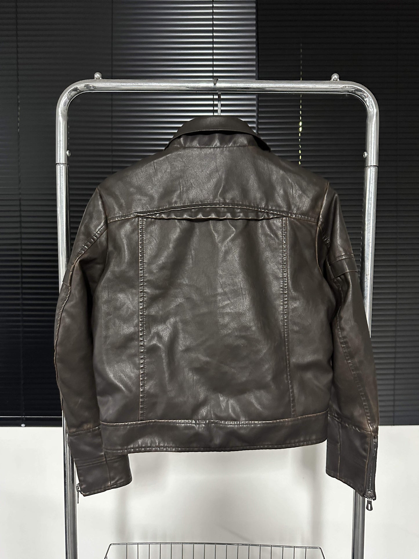 Washed Short PU Leather Zipprer Jacket WN15748