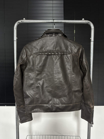 Washed Short PU Leather Zipprer Jacket WN15748