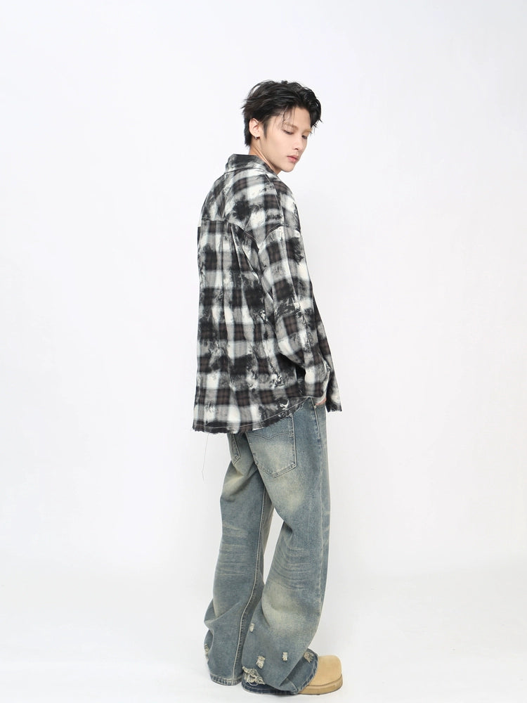 Tie-Dye Plaid Whisker Hem Long Sleeve Shirt WN21018