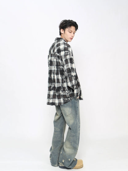 Tie-Dye Plaid Whisker Hem Long Sleeve Shirt WN21018