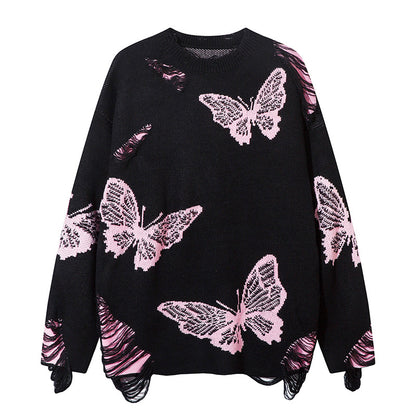 Butterfly Embroidery Damage Fringe Oversize Knit Sweater WN11171