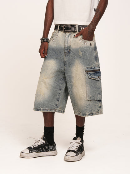 Washed Zip Cargo Denim Half Jeans WN26643