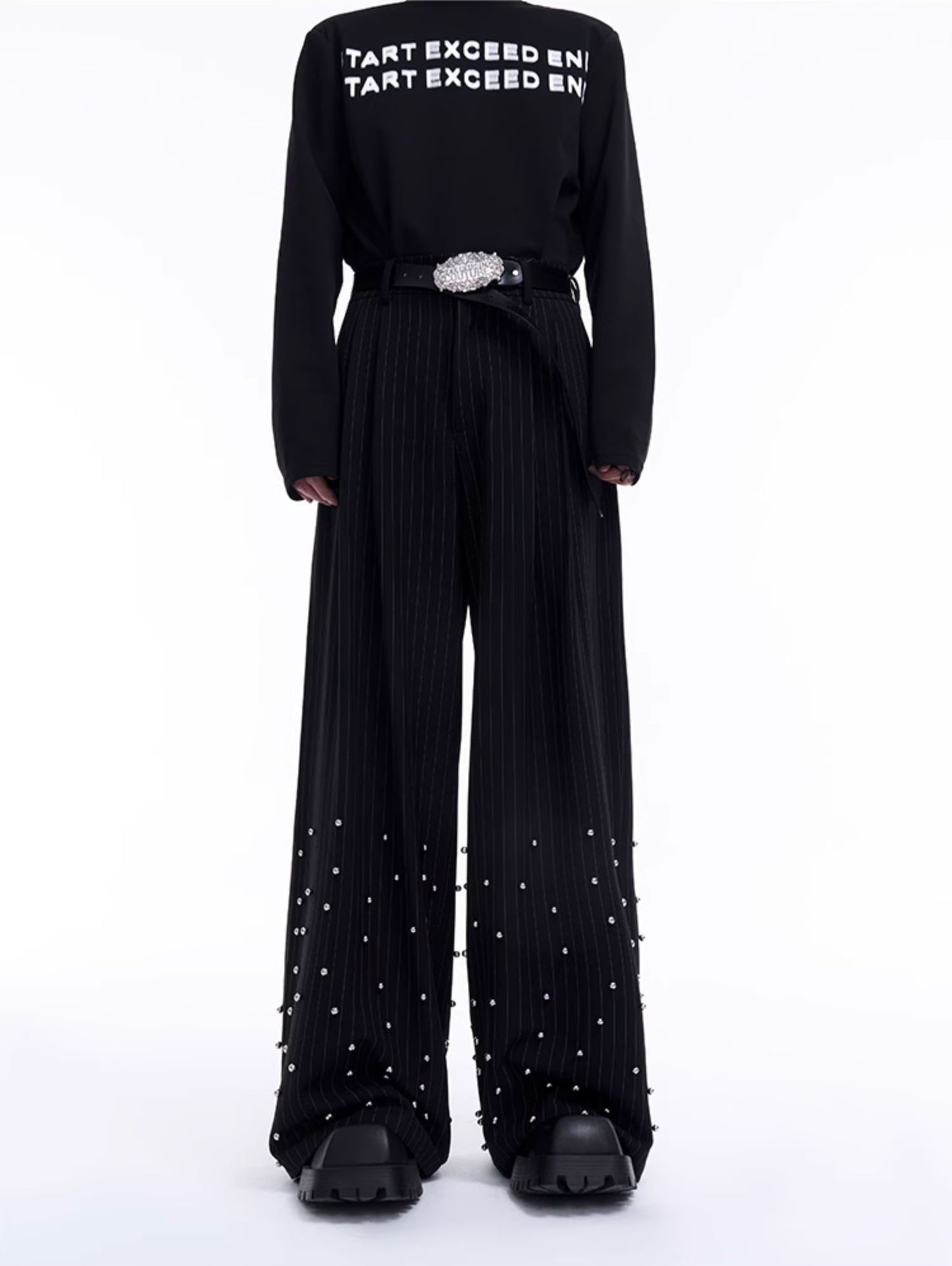 Metal Rivet Stripe Tailored Jacket & Wide-Leg Straight Trousers Setup WN8058