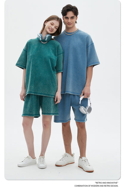 Oversize Washed Short-sleeve T-shirt & Washed Short Sweatpants Setup WN6612