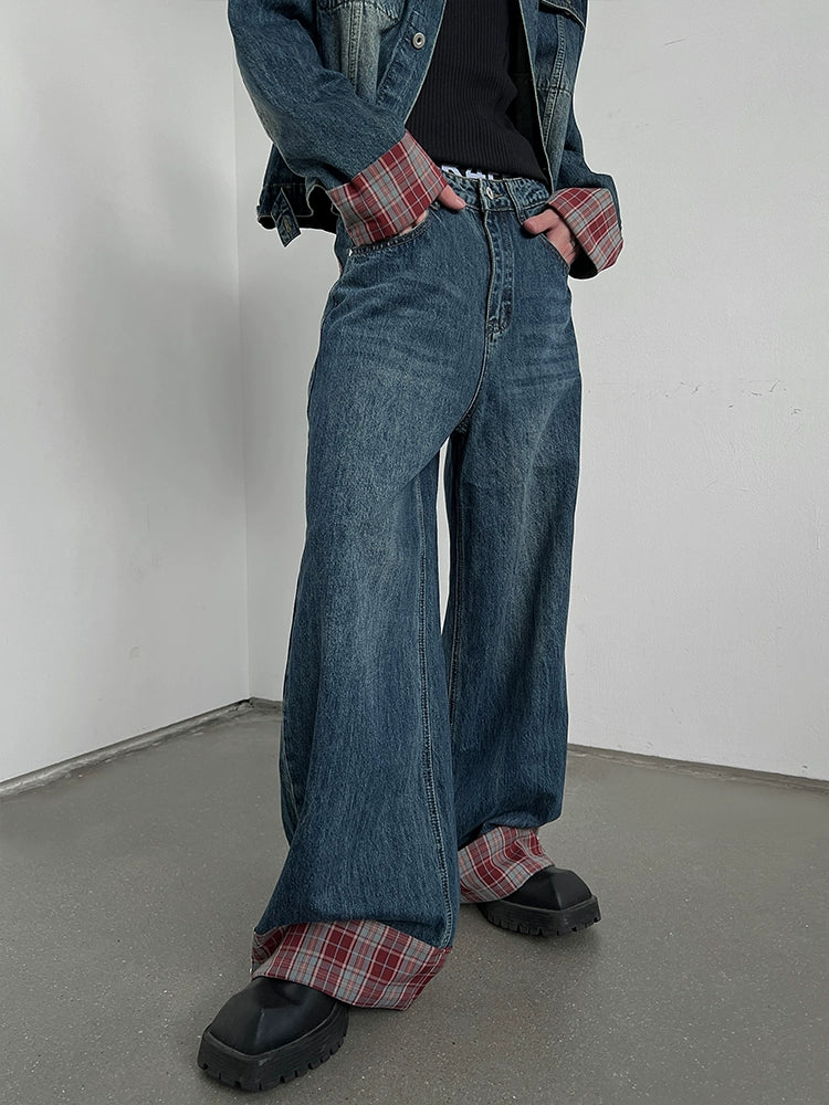 Washed Plaid Patchwork Cuffed Wide-Leg Denim Jeans WN10781