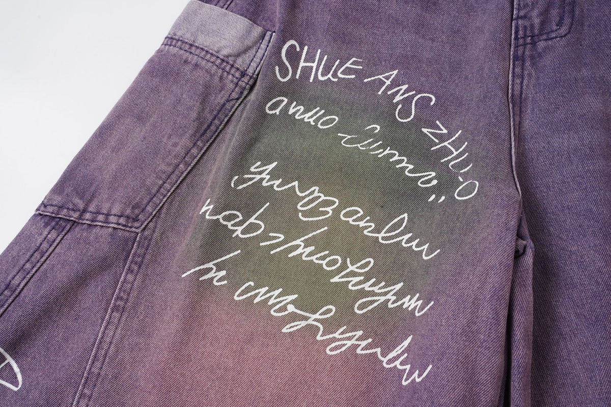 Washed Panel Wide Leg Letter Denim Jeans WN27951