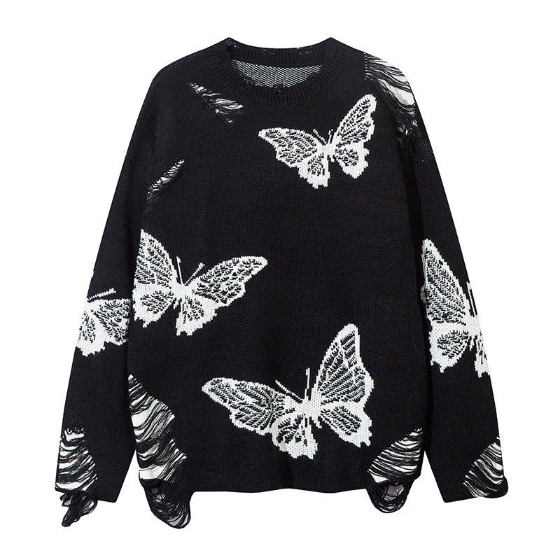 Butterfly Embroidery Damage Fringe Oversize Knit Sweater WN11171