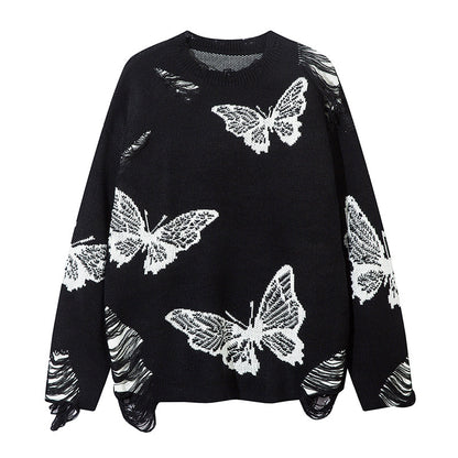 Butterfly Embroidery Damage Fringe Oversize Knit Sweater WN11171