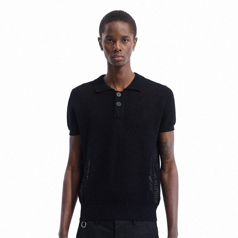 Openwork Polo-Collar Knit Short Sleeve T-Shirt WN27149