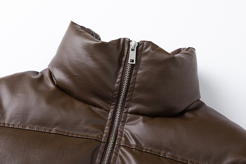 Quilted Short PU Leather Puffer Jacket WN11319