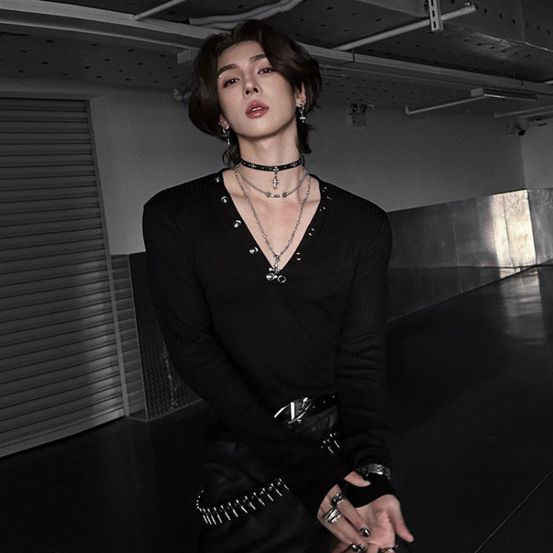 Deep V-Neck Eyelet Rib Long Sleeve T-Shirt WN25148