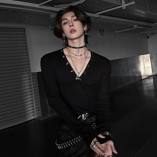 Deep V-Neck Eyelet Rib Long Sleeve T-Shirt WN25148