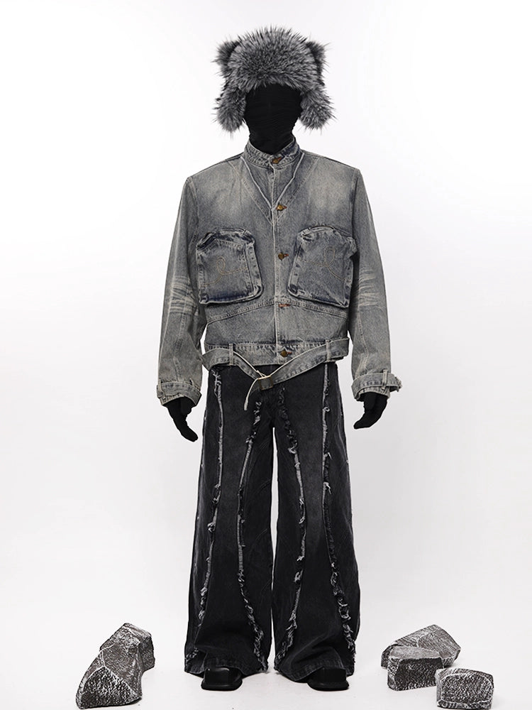 Washed Gradient Fringe Raw Edge Denim Jeans WN18715