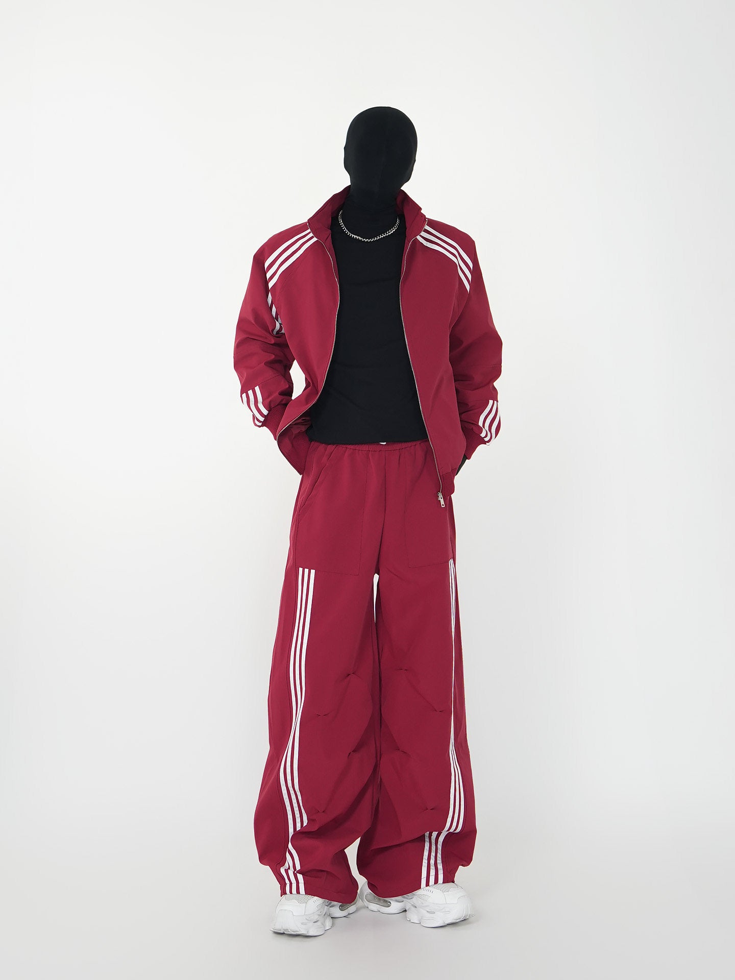 Three-Stripe Stand Neck Water-Repellent Jacket & Curved Wide Leg Pants Setup WN24142