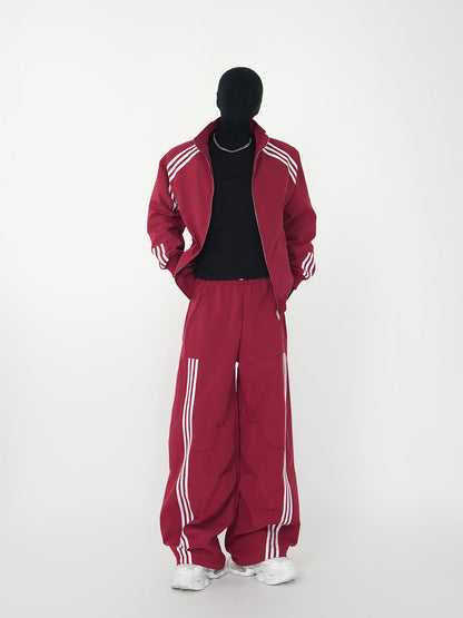 Three-Stripe Stand Neck Water-Repellent Jacket & Curved Wide Leg Pants Setup WN24142