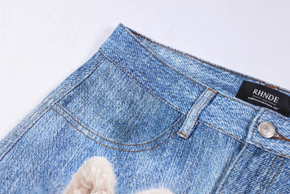 Washed 3D Character Print Wide Leg Denim Jeans WN25975