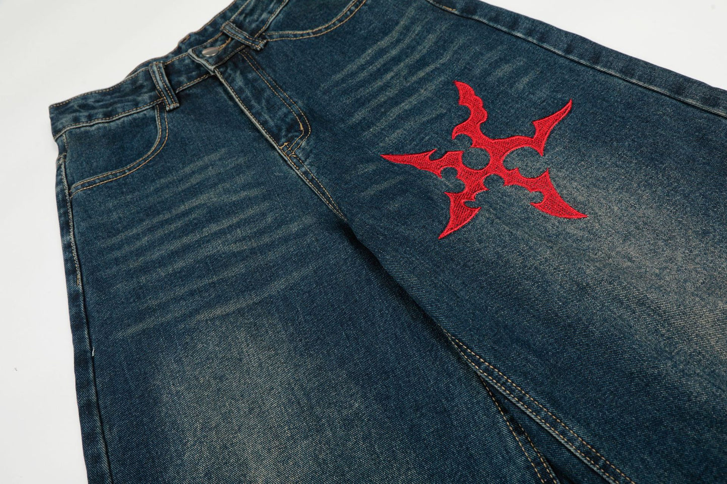 Washed Tribal Print Wide Leg Denim Jeans WN25507
