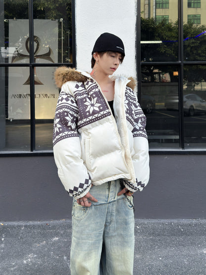 Fair Isle Lamb Fleece Fur Collar Hooded Puffer Jacket WN23010