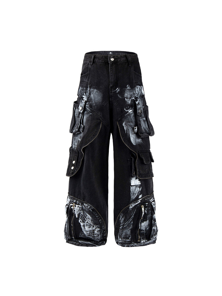 Deconstructed Layered Dirty Wash Wide Leg Cargo Denim Jeans WN24203