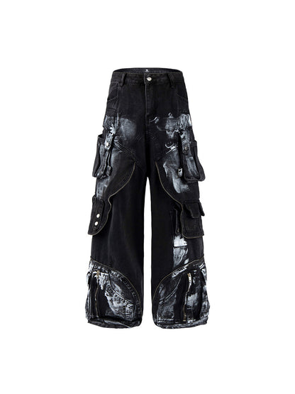Deconstructed Layered Dirty Wash Wide Leg Cargo Denim Jeans WN24203