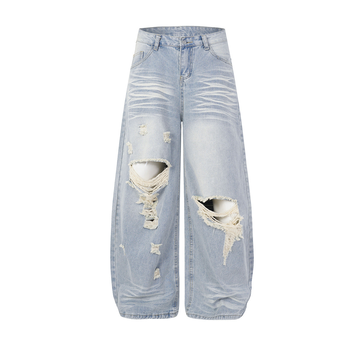 Washed Whisker Damage Wide Leg Denim Jeans WN25532