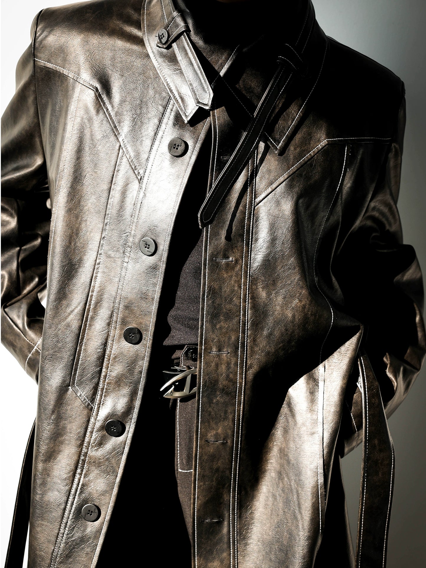 Washed Textured Padded Leather Trench Coat WN11820