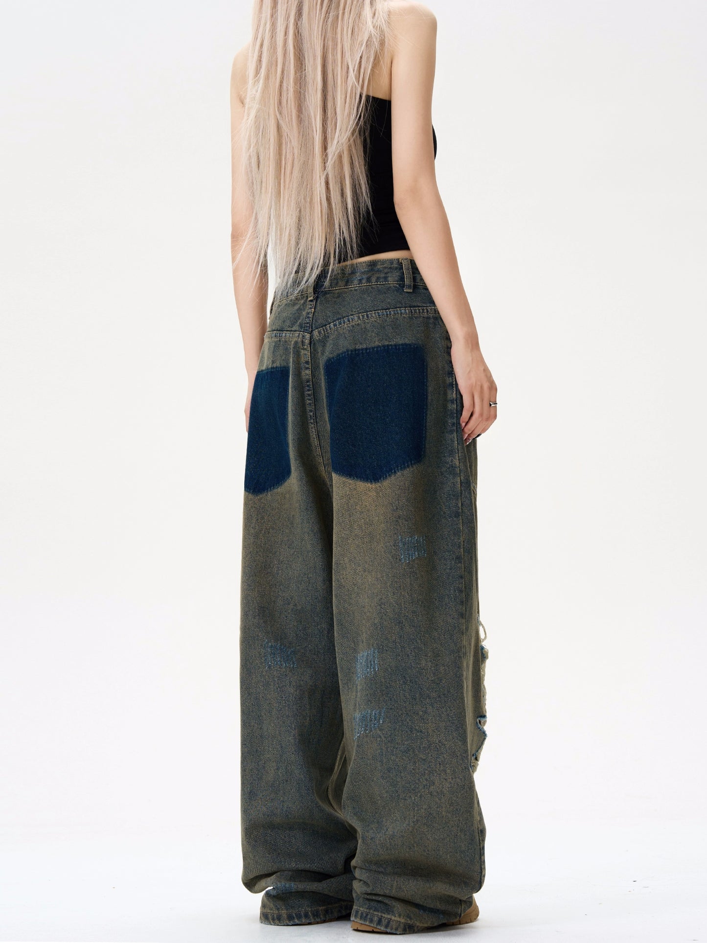 Damage Reverse Design Wide Leg Straight Denim Jeans WN8451