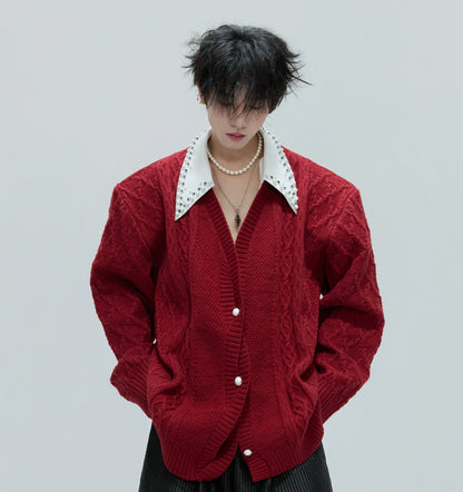 Fake Layered Pearl Embellished Lapel Thick Knit Cardigan WN21722