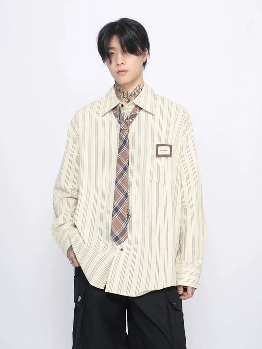 With Tie Vertical Stripe Long Sleeve Shirt WN8749