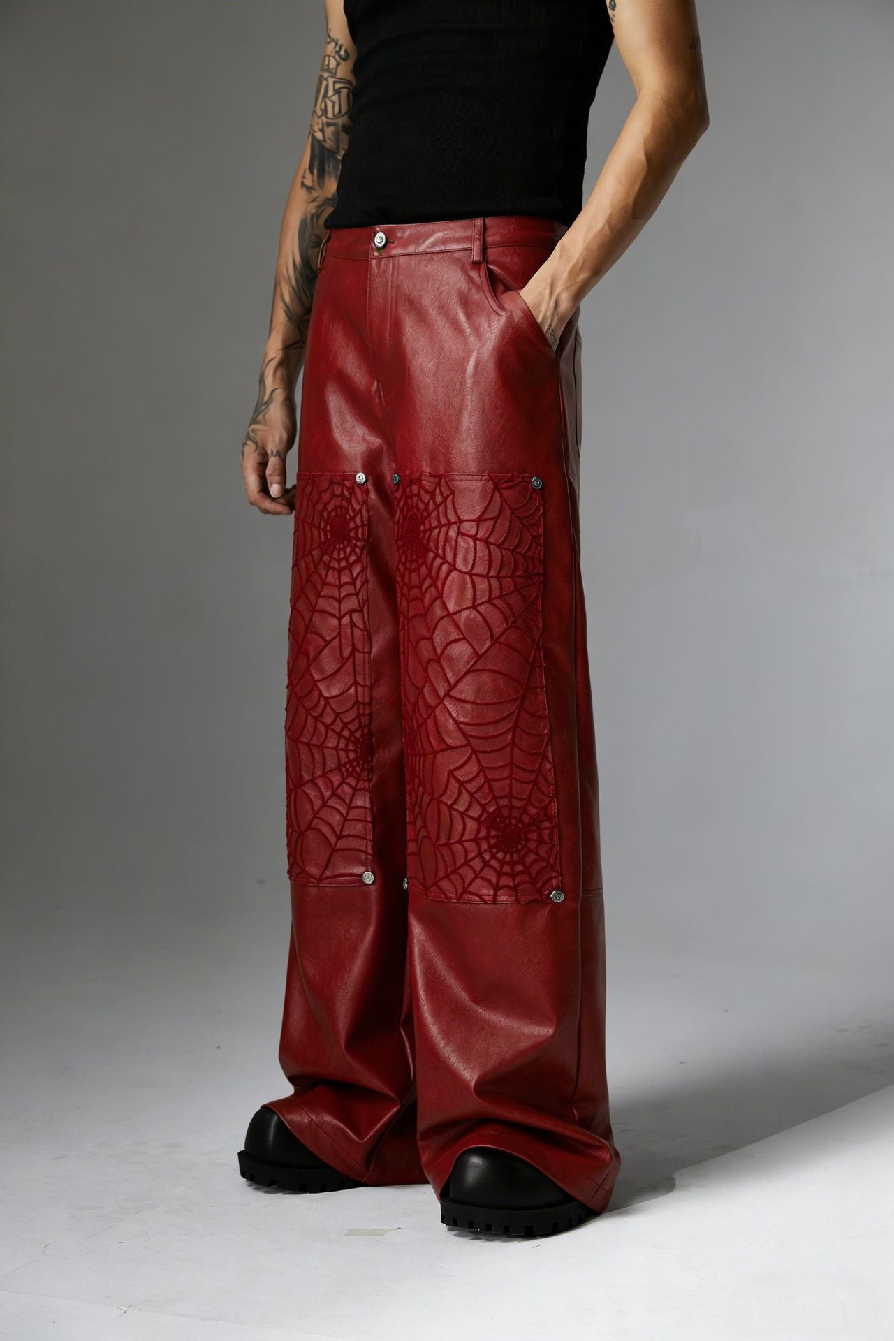 PU Leather Embroidery Wide Leg Pants WN23060