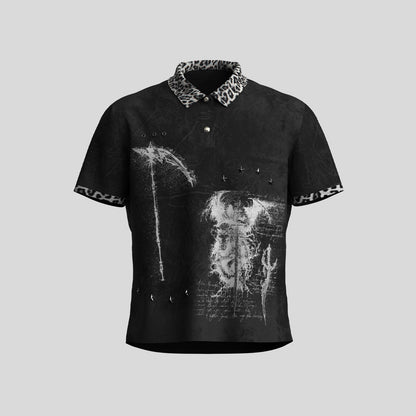 Leopard Collar Graphic Stud Short Sleeve Polo Shirt WN27152