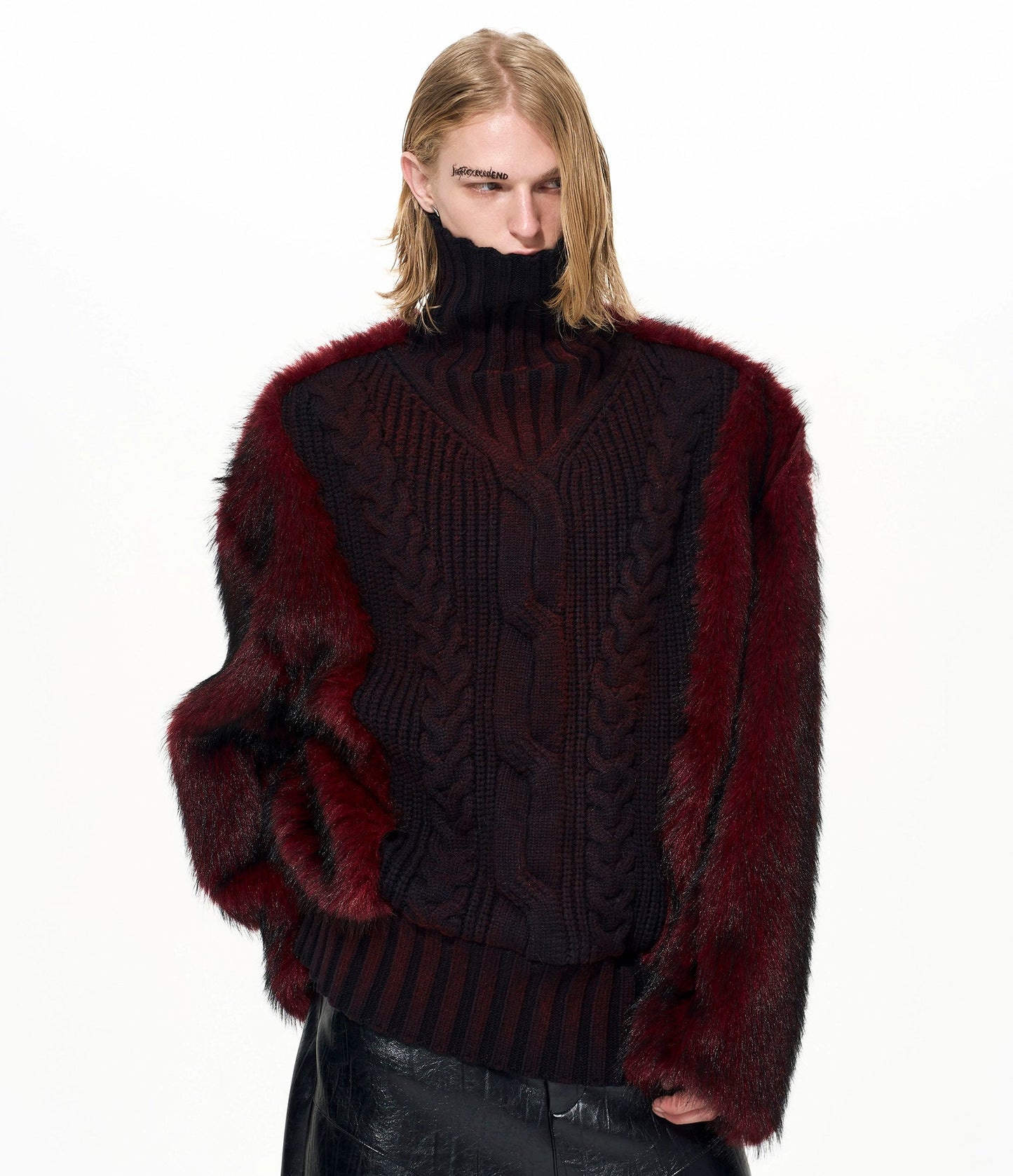 Fake Fur Splice High-Neck Thick Knit Sweater WN22657