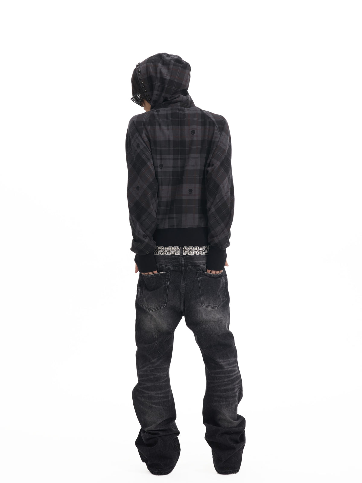 Hooded Plaid Studs Detail Jacket WN27182