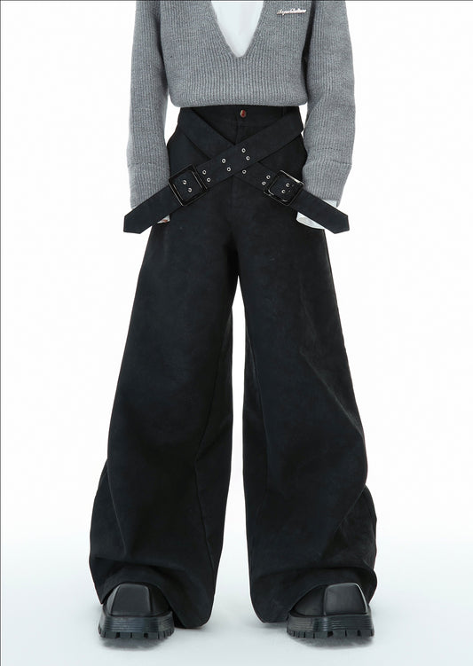 Cross-Strap Textured Straight PU Leather Pants WN11759