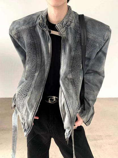 Pleats Design Shoulder Pad Denim Short Jacket WN9190