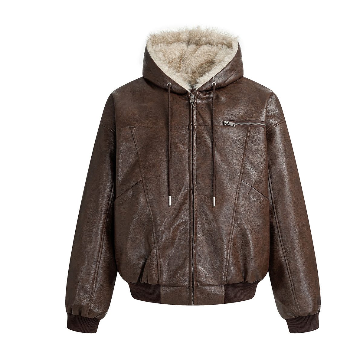 Hooded Fake Fur Lining Zip-Up PU Leather Jacket WN23081