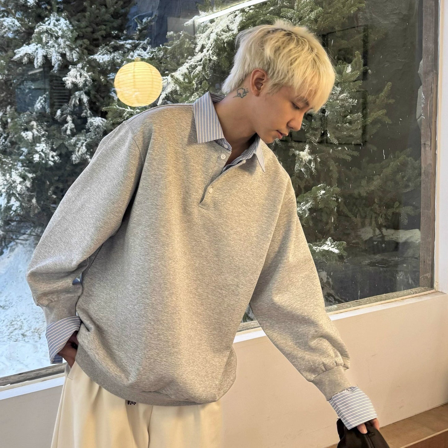 Fake Layered Striped Shirt-Collar Fleece Lining Oversize Long Sleeve T-Shirt WN25251